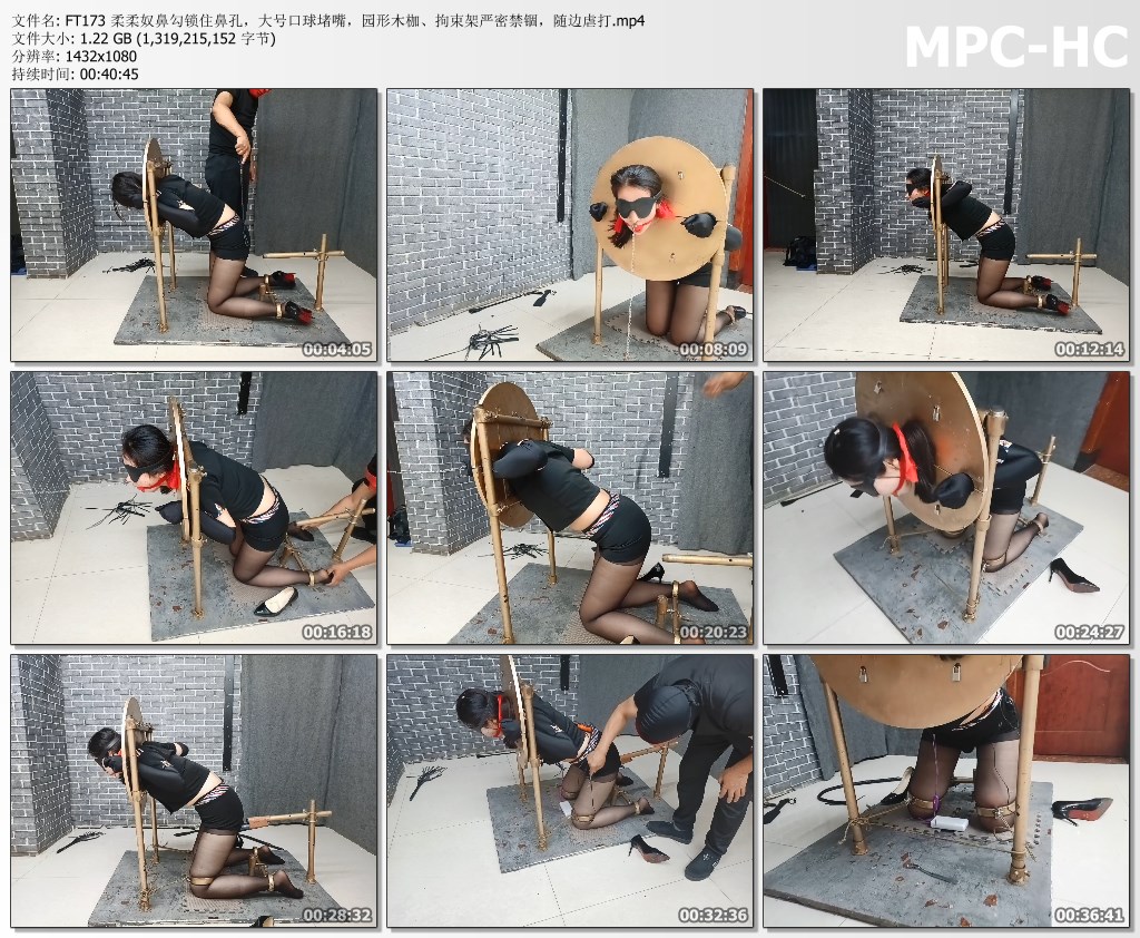 FT173 柔柔奴鼻勾锁住鼻孔，大号口球堵嘴，园形木枷、拘束架严密禁锢，随边虐打.mp4_thumbs.jpg