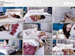 嗷大喵工作室_胶布封嘴挣扎 女仆装配开档白丝 欧式直臂 股绳 多节并腿捆 胸缚 自己胶布封